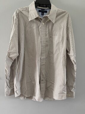 Tommy Hilfiger Men’s White and Brown Striped Dress Shirt